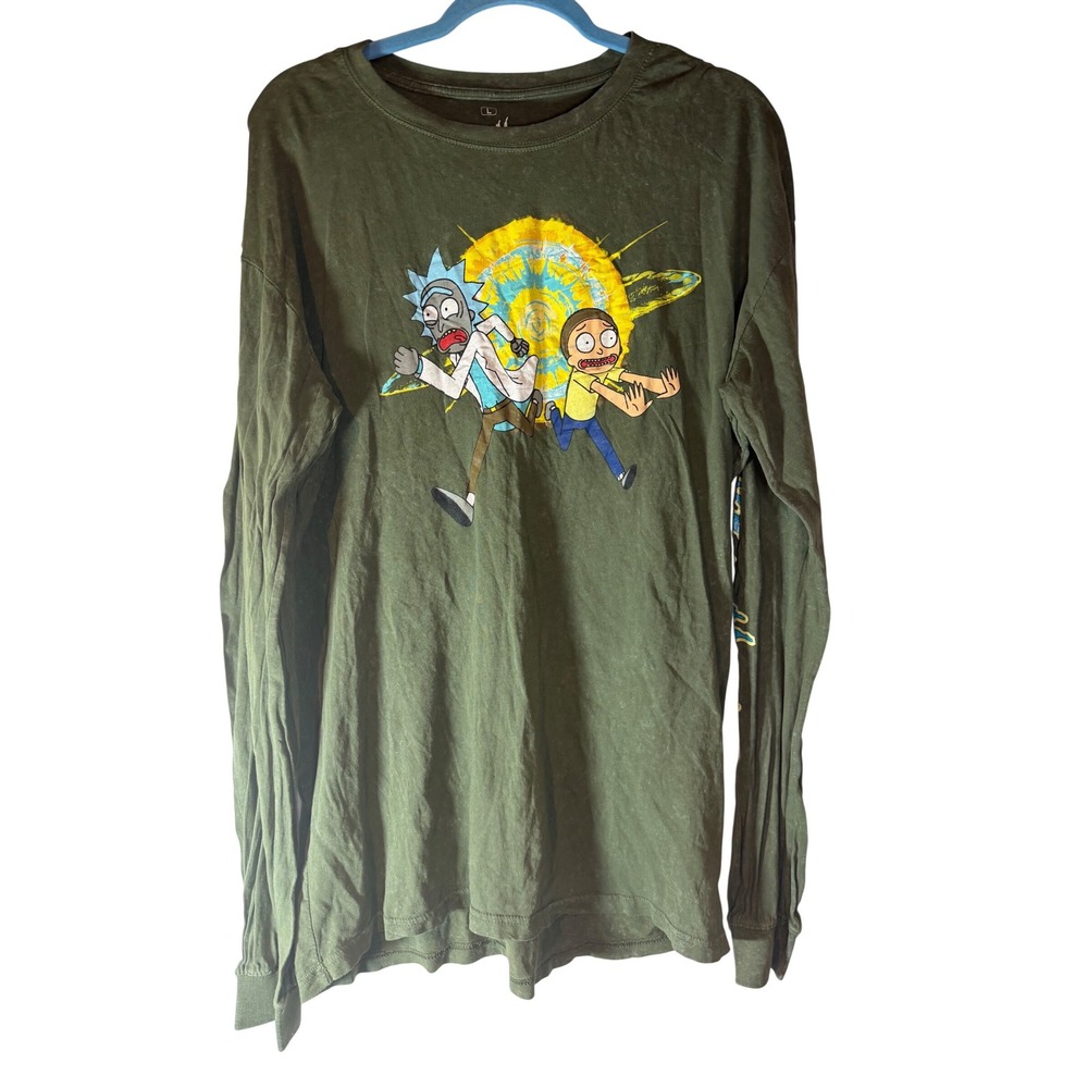 Rick and Morty Long Sleeve Graphic Tee Mens Large Olive Green Ripple‎ Junction